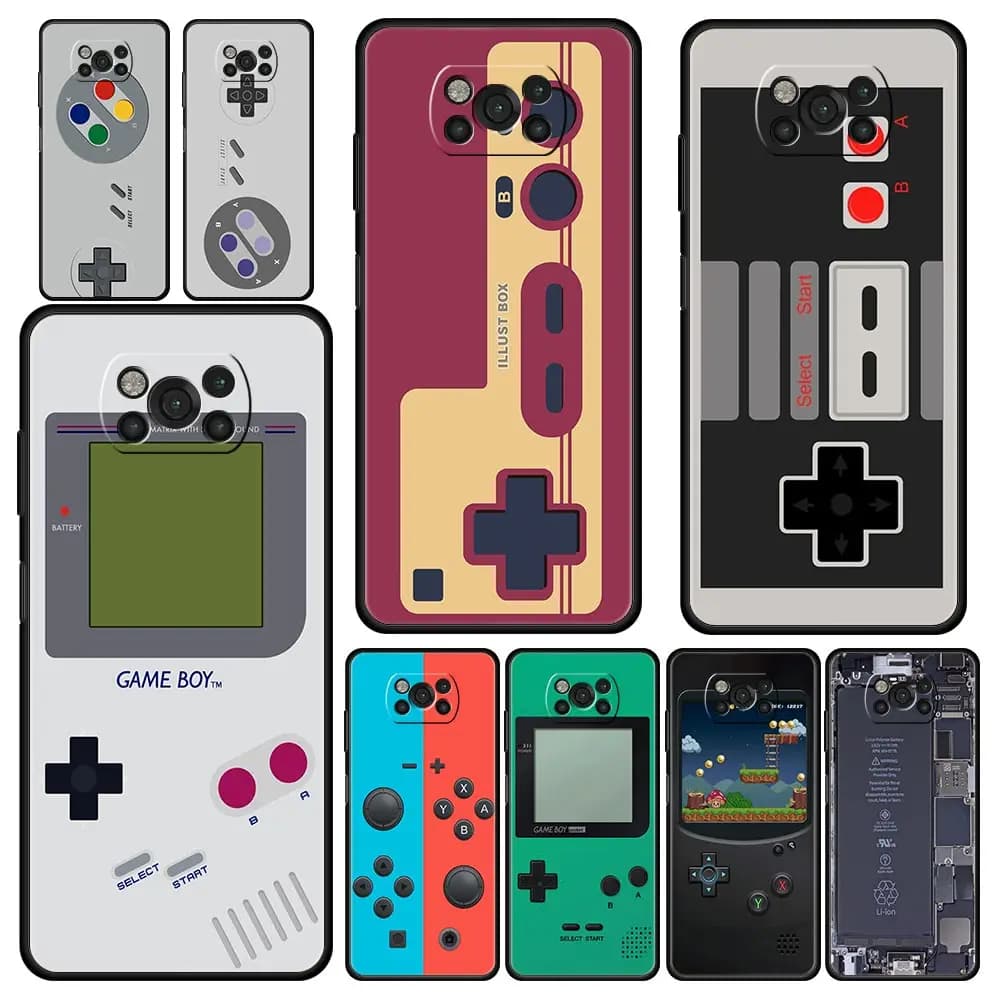 Capas de telefone com designs de videogame vintage, incluindo Game Boy, com cores e botões variados.