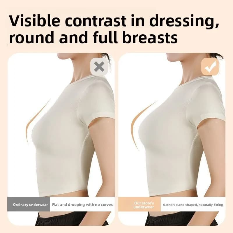 Comparação de sutiã push-up bege que modela e levanta os seios, ideal para usar com roupas justas e lisas