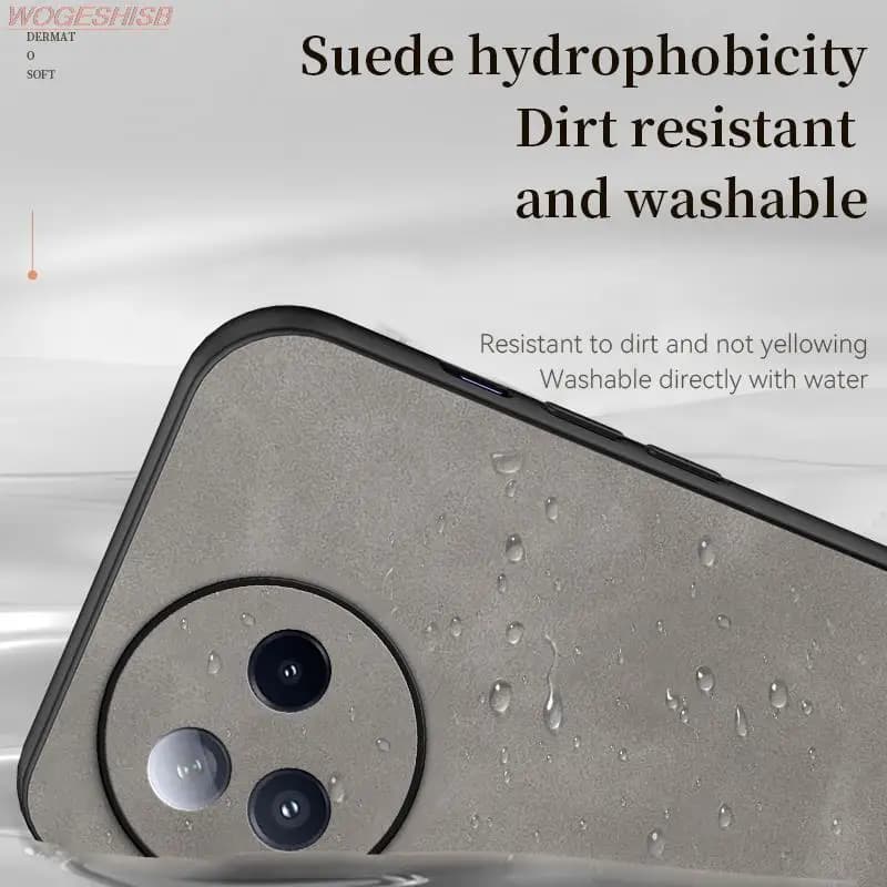 Capa de couro de pele de carneiro para smartphone, cinza, com recortes para câmera e botões, textura de pele de carneiro, características Skin Friendly e Non-Slip.