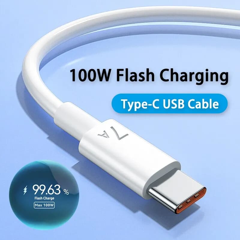 Cabo USB Tipo C 100W Flash Charging, branco, conector tipo C e USB, fundo azul