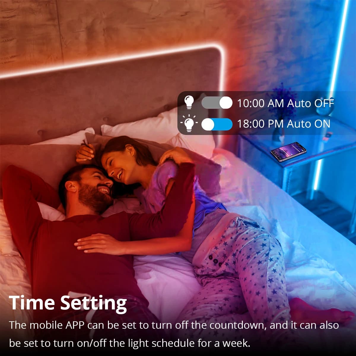 Casal na cama com iluminação ambiente de tira de LED Neon RGB controlada por app com agendamento de horário