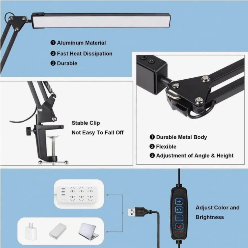 Luminária de mesa LED com corpo metálico preto, clipe estável e controle USB para ajuste de cor e brilho