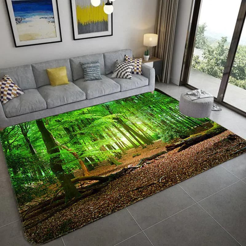 Tapete 3D com cena de floresta verde para sala de estar, antiderrapante.