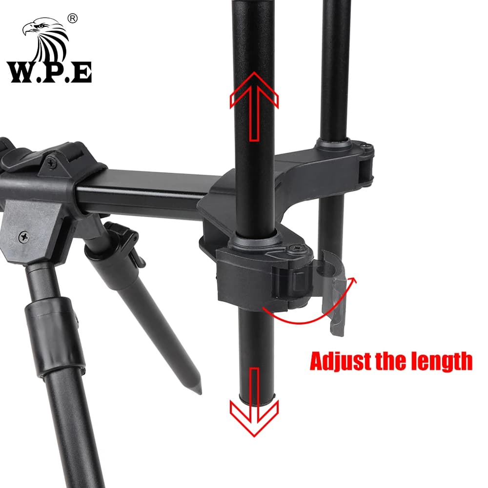 Detalhe do suporte para vara de pesca W.P.E com ajuste de comprimento retrátil em metal preto