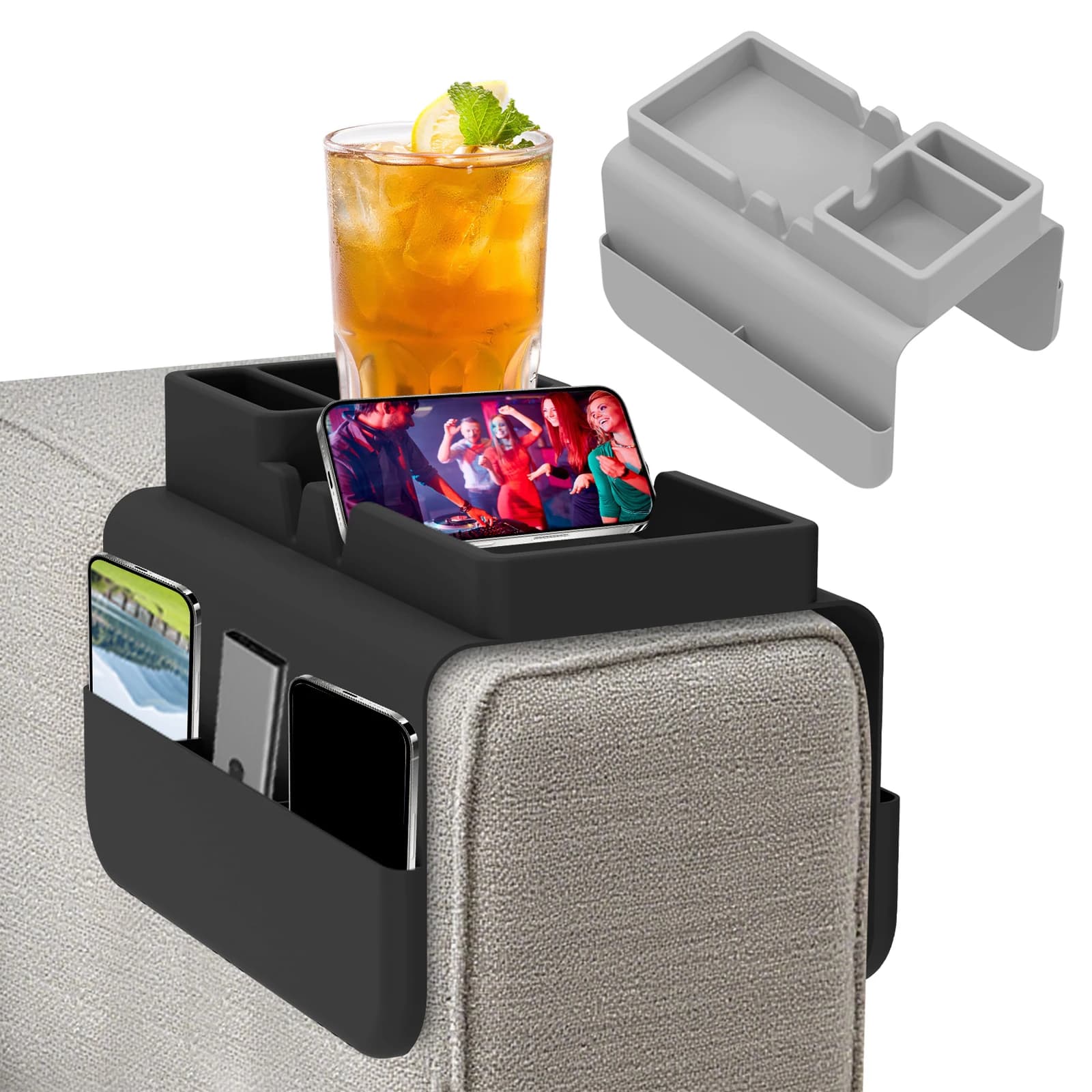 Suporte de copo para sofá com bandeja de silicone cinza, compartimentos para bebidas e telefones