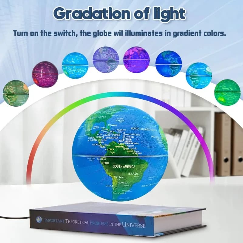 Globo magnético flutuante com luzes LED e mapa-múndi rotativo com base de livro
