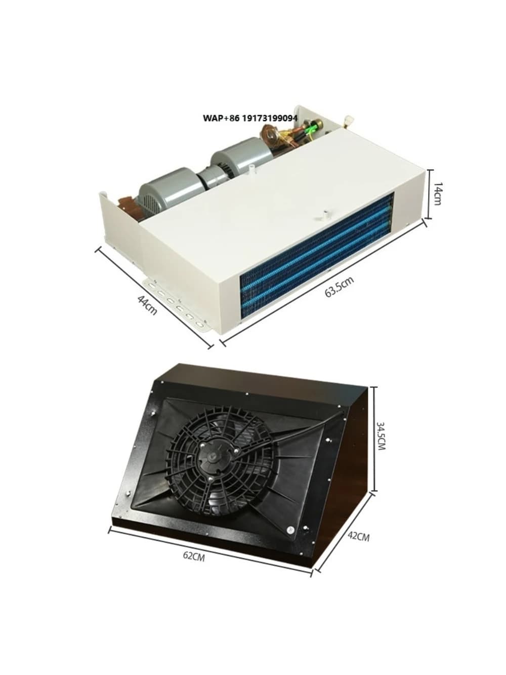 Unidade de refrigeração para caminhão com compressor scroll, vista frontal e traseira com medidas