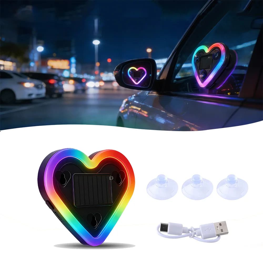 Luz ambiente de carro rgb movida a energia solar, formato de coração, dinâmica, led, atmosfera neon, iluminação, decoração de janela automática com ventosa