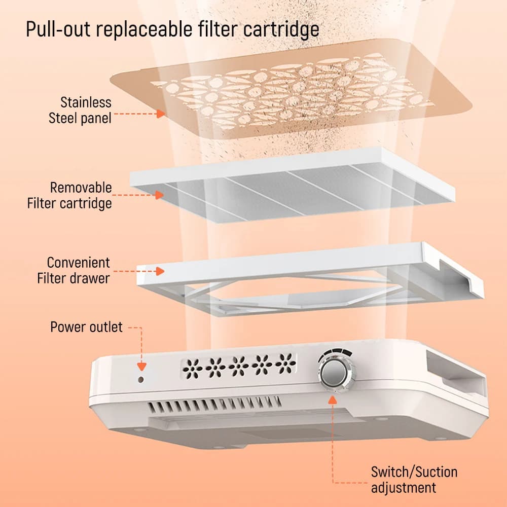 Aspirador de pó para manicure com filtro removível e painel de aço inox ajustável