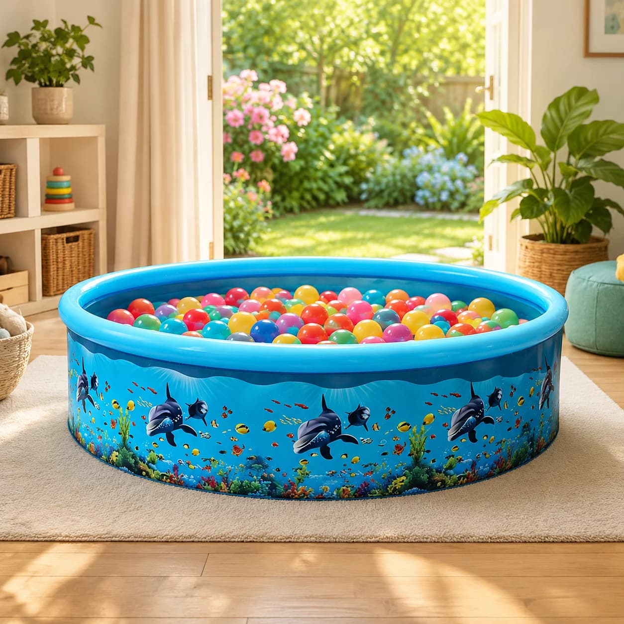 Piscina inflável infantil grande capacidade azul com estampa marinha e bolas coloridas em sala iluminada