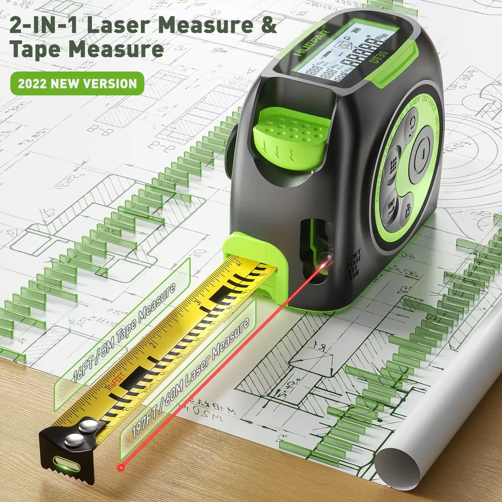 Medidor de distância digital Huepar, 60m, 197ft, fita métrica com display LCD e laser vermelho.