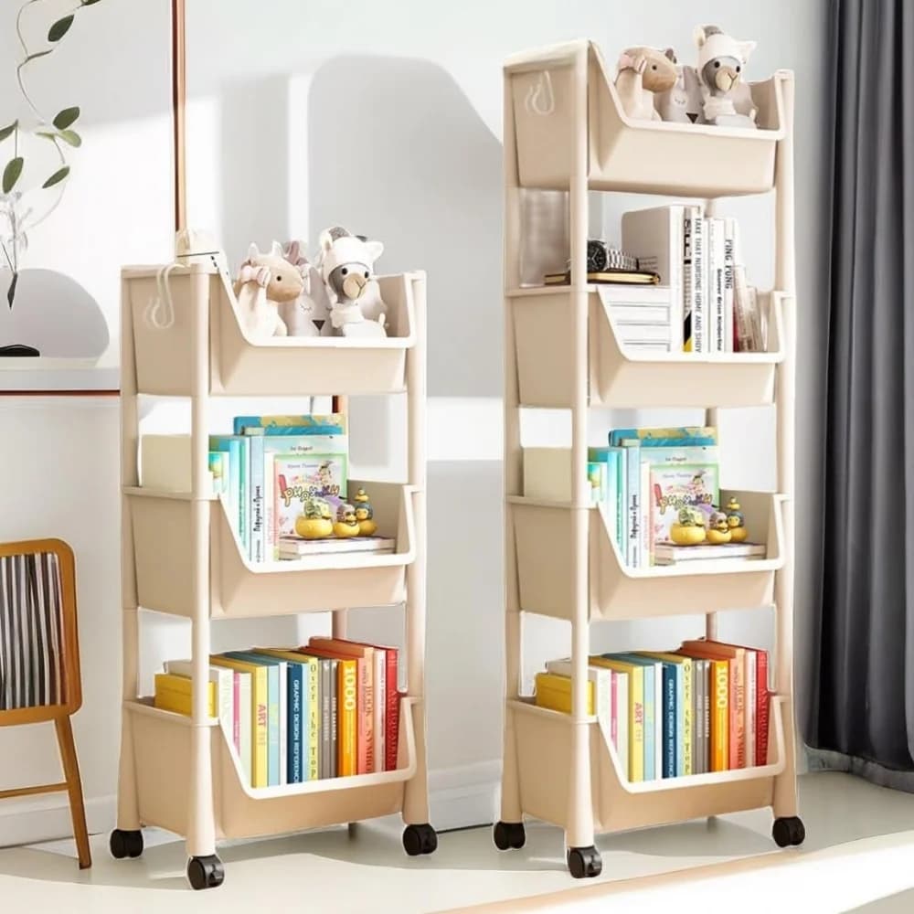 Estantes infantis com rodas removíveis para livros e brinquedos, cor bege, ambiente neutro