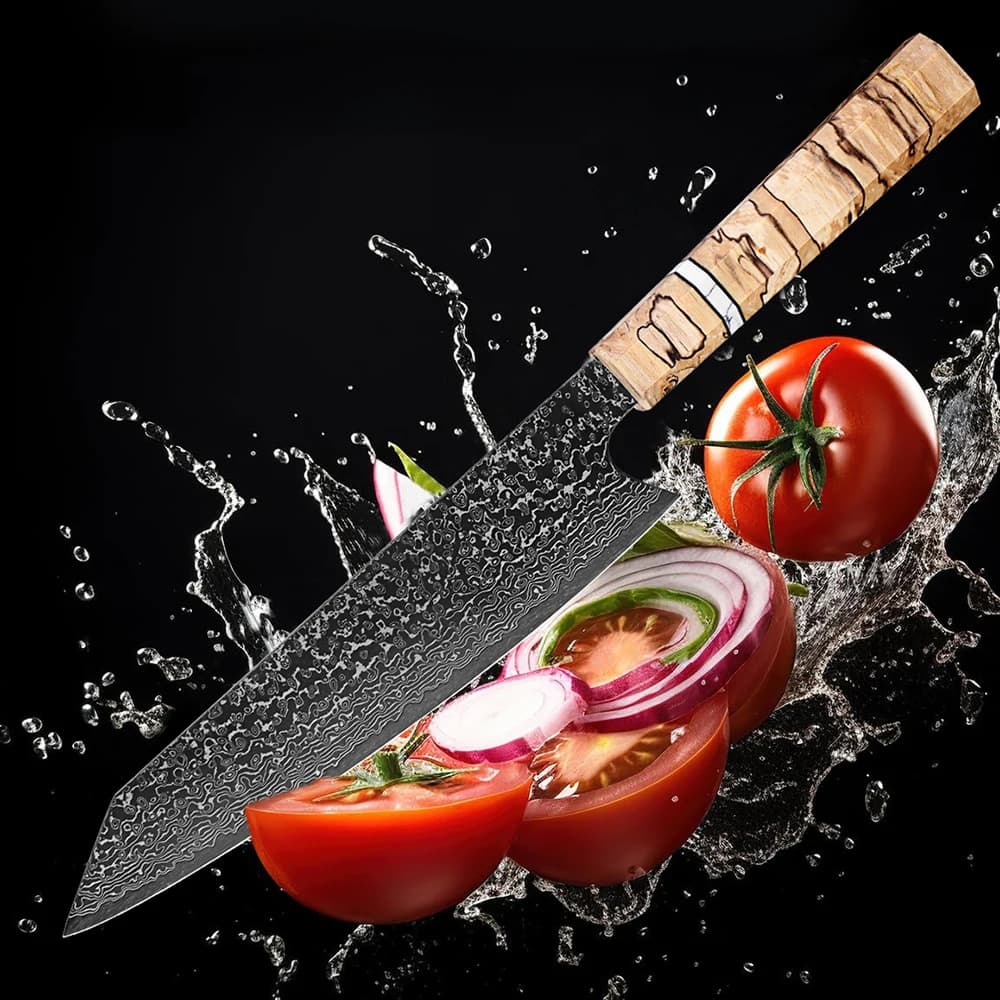 Faca de cozinha Xitou Kiritsuke lâmina aço damasco cortando tomate e cebola com cabo octogonal madeira