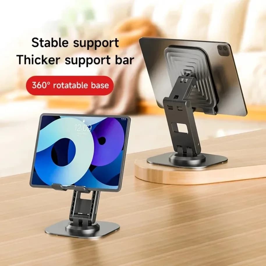 Suporte de mesa ajustável em metal preto com base rotativa 360° para tablets e celulares