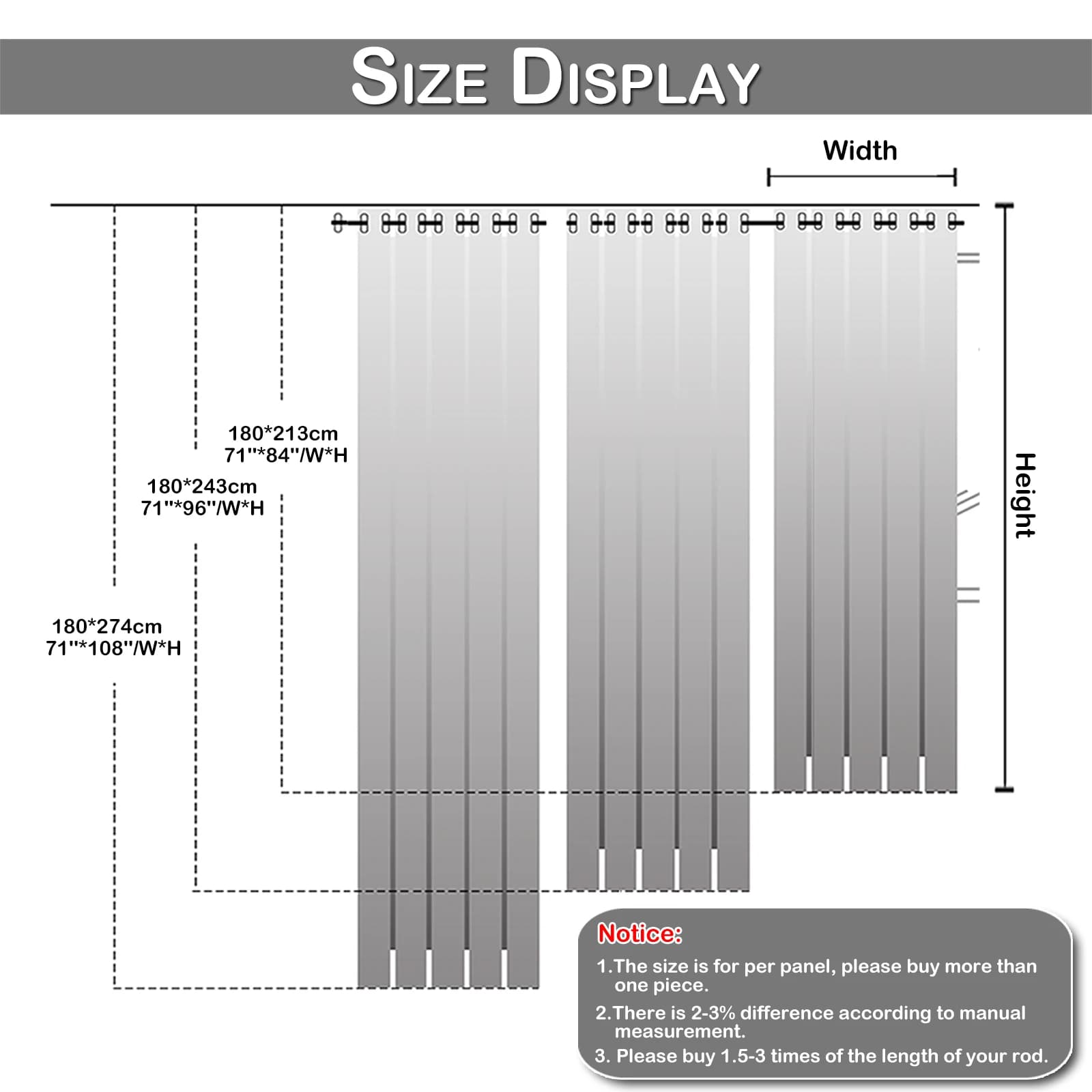 Diagrama de tamanhos da cortina impermeável blackout cinza 180cm largura para jardim e varanda