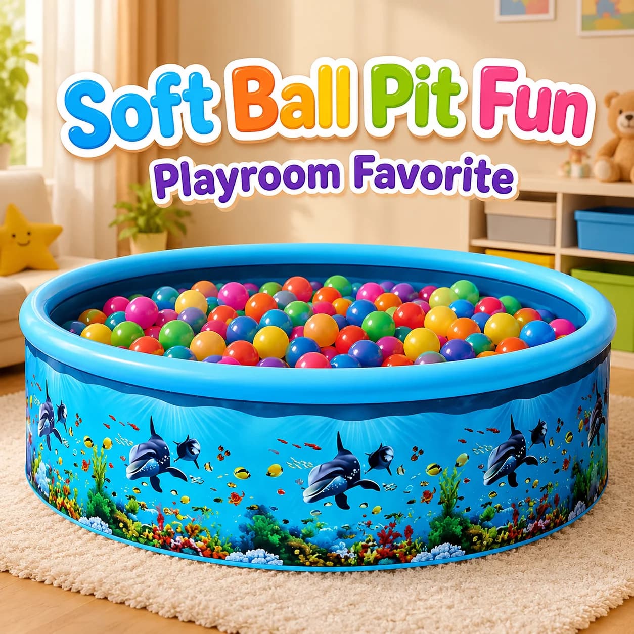 Piscina inflável azul cheia de bolas coloridas com desenho de golfinhos