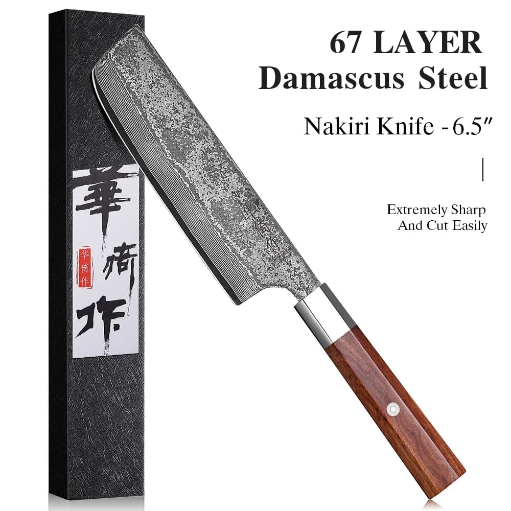 Faca de chef japonesa Nakiri 6,5 polegadas, aço damasco 67 camadas, cabo de madeira, bainha preta