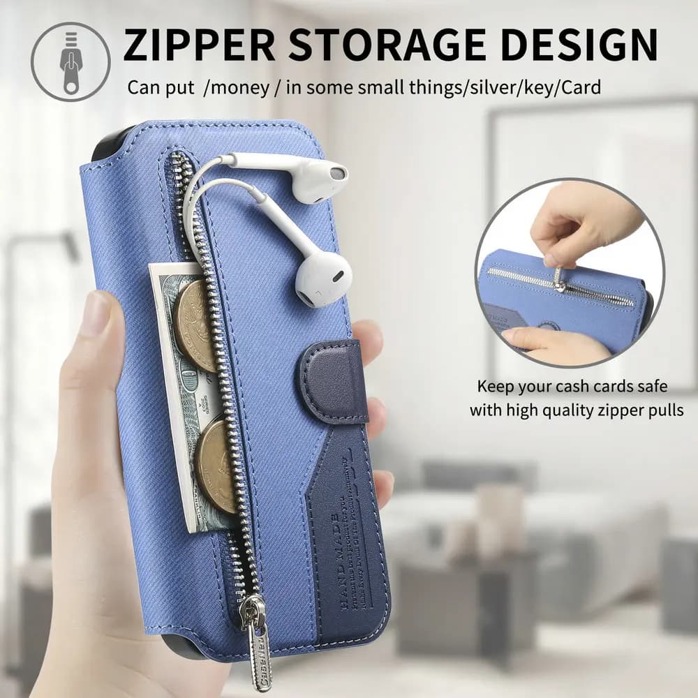Capa carteira azul claro para Xiaomi Redmi Note 14 Pro com zíper destacável para guardar dinheiro e fones