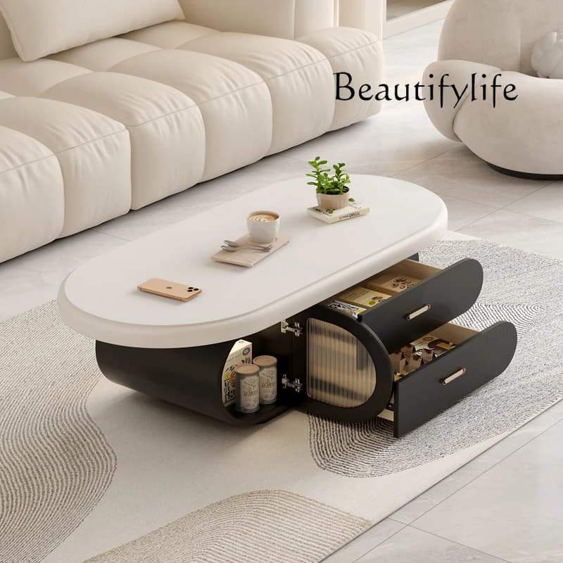 Mesa de centro moderna com gavetas, superfície branca e base preta, ideal para sala de estar.