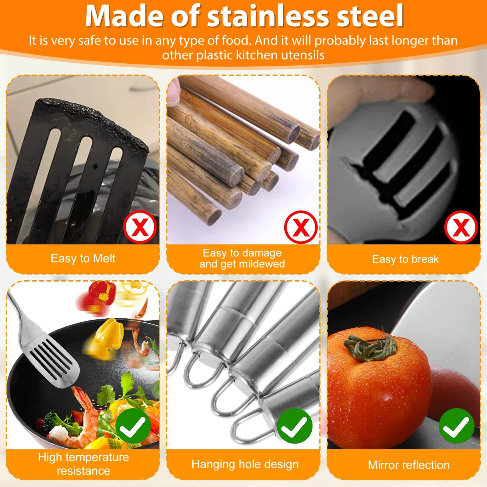 Utensílios de cozinha inox resistentes ao calor com design de furo para pendurar e acabamento espelhado