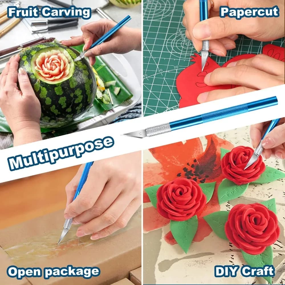 Uso do estilete azul para gravação em frutas, recorte de papel, abertura de pacotes e artesanato DIY