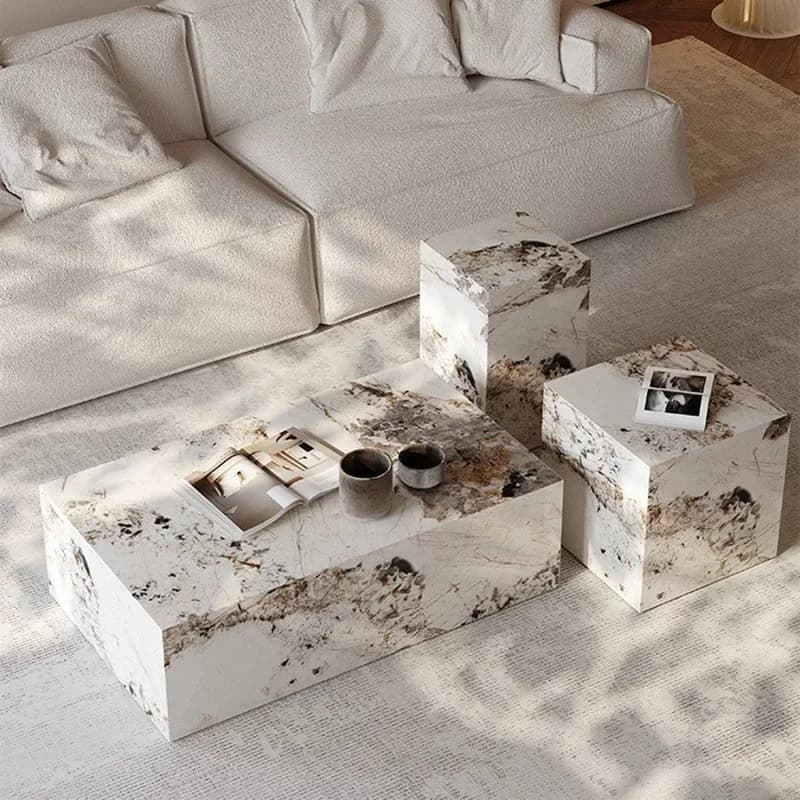 Mesa de centro de mármore branco com padrões minimalistas para sala de estar