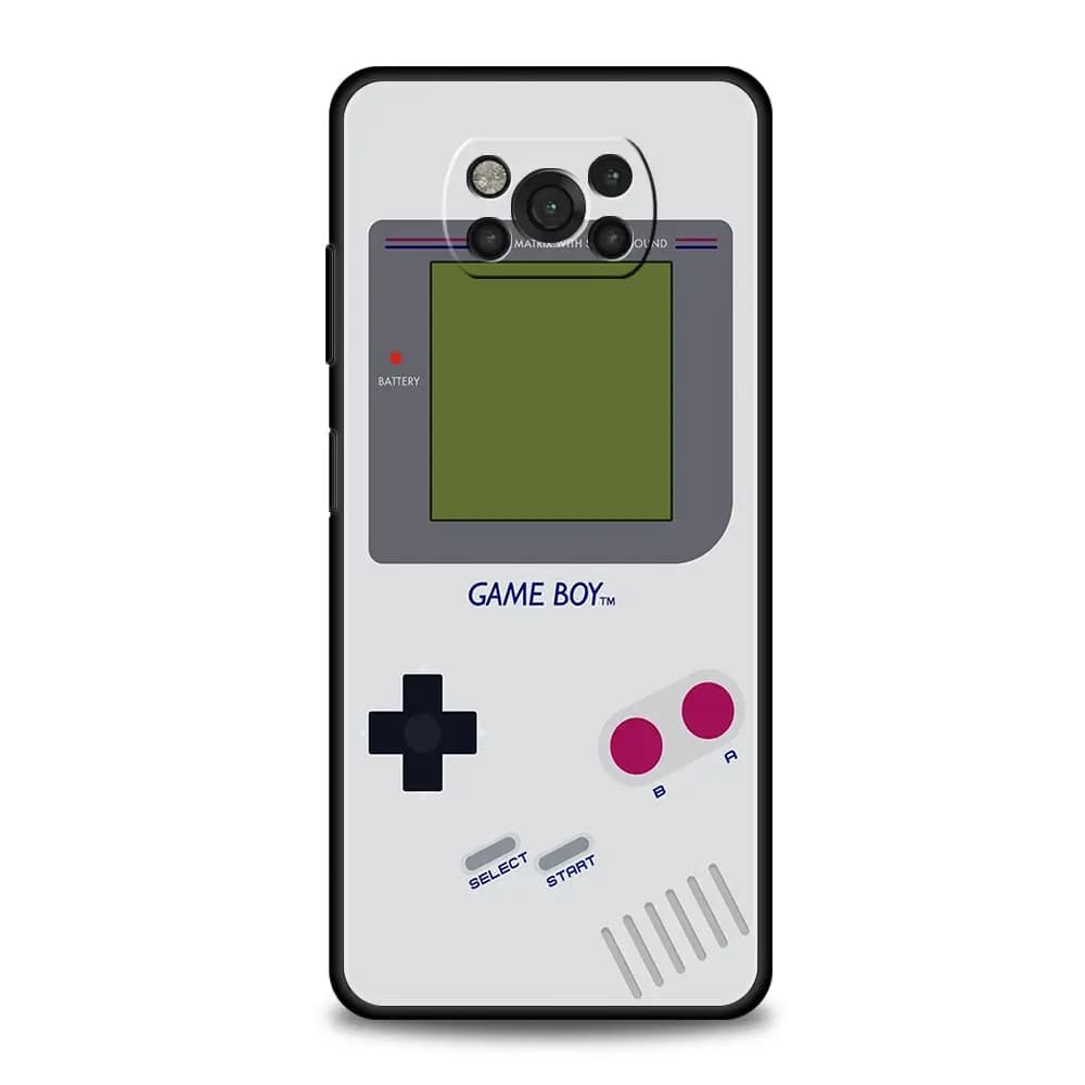 Capas de telefone com designs de videogame vintage, incluindo Game Boy, com cores e botões variados.
