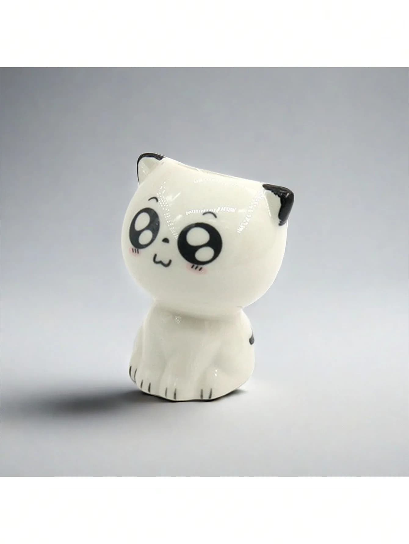 Vaso decorativo cerâmica gato fofo branco com olhos grandes e detalhes pretos para mesa com suculenta