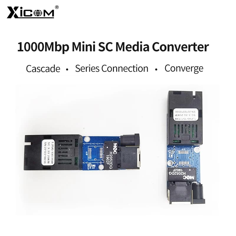 Conversor de mídia óptica Gigabit Mini SC monomodo simplex com placas azul e preta lado superior