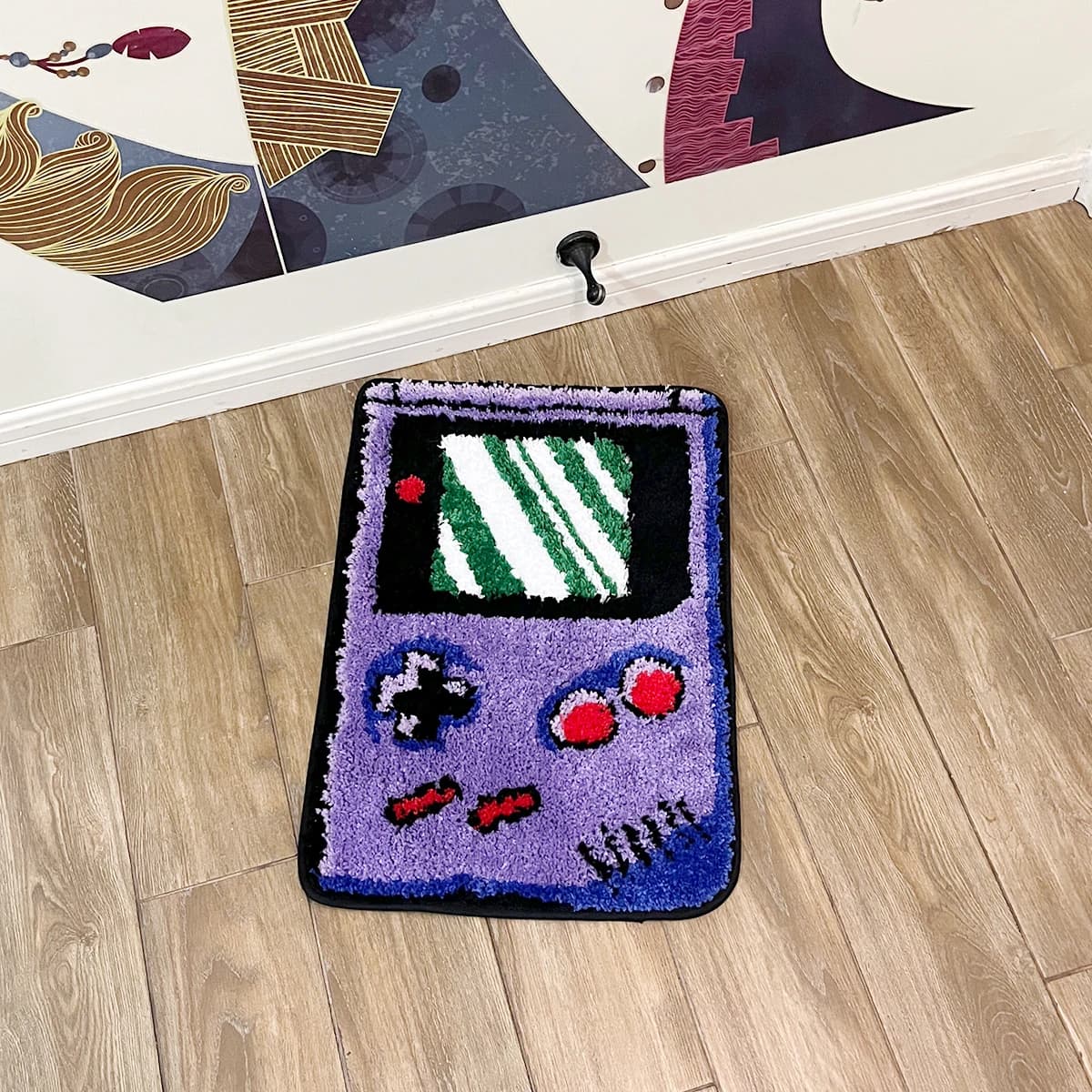 Tapete gamer roxo antiderrapante com estampa console vintage e botões coloridos