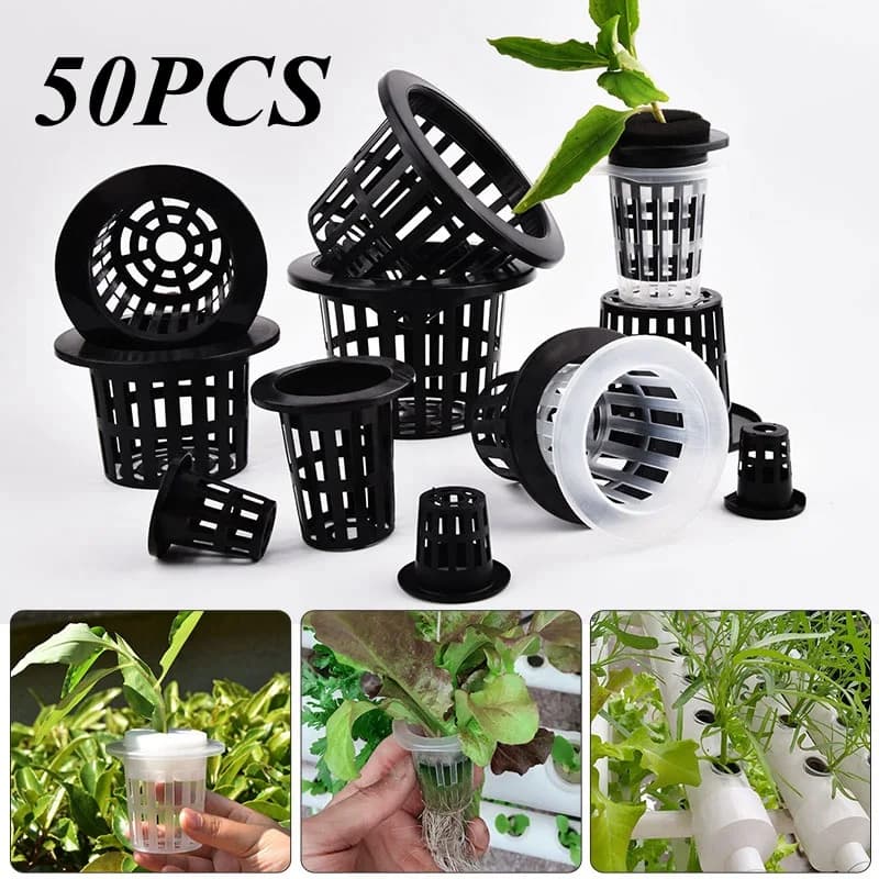 Pote de cultivo de plantas de malha sem solo, 50 peças, preto e branco, suporte de cesta de rede, bandeja de copo de berçário de vegetais, esponja, vasos de colonização hidropônica