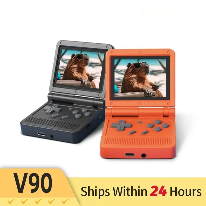 Console de jogo Powkiddy v90, 3 polegadas, IPS, flip, preto e laranja, com botões e alavancas visíveis.