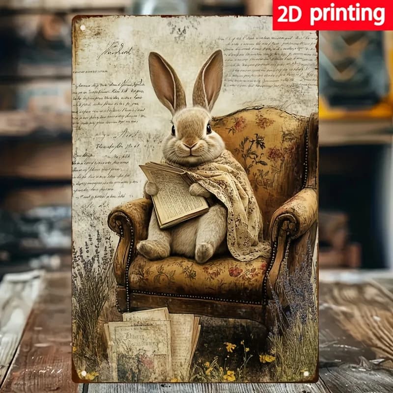 Arte de parede de metal com coelho lendo livro antigo em fundo floral