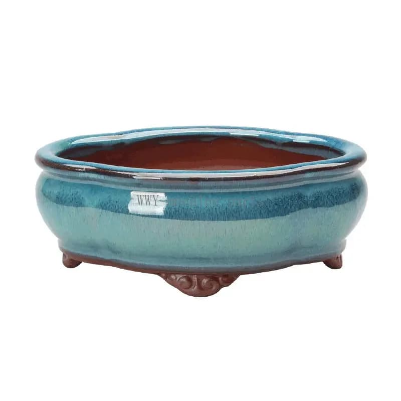 Vaso para plantas cachepô bonsai estilo chinês cerâmica ventilada marrom com bordas azuis