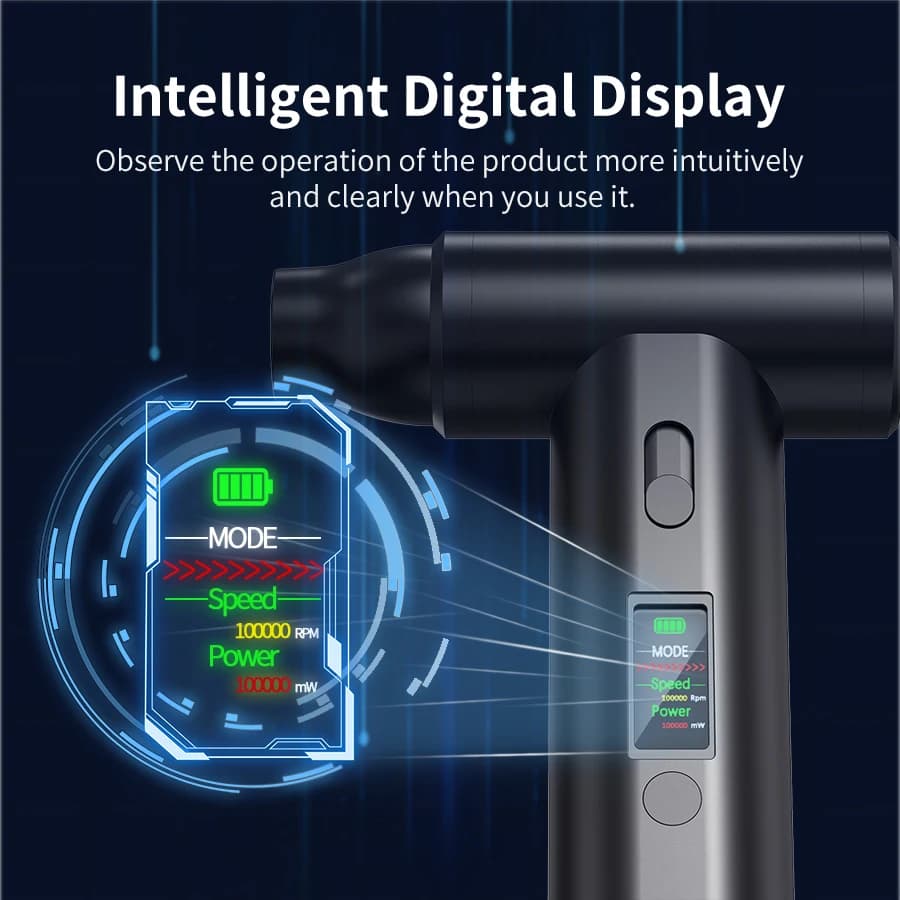 Aspirador de pó portátil Jácotei Turbo Jet Fan preto com display digital inteligente e controle de velocidade
