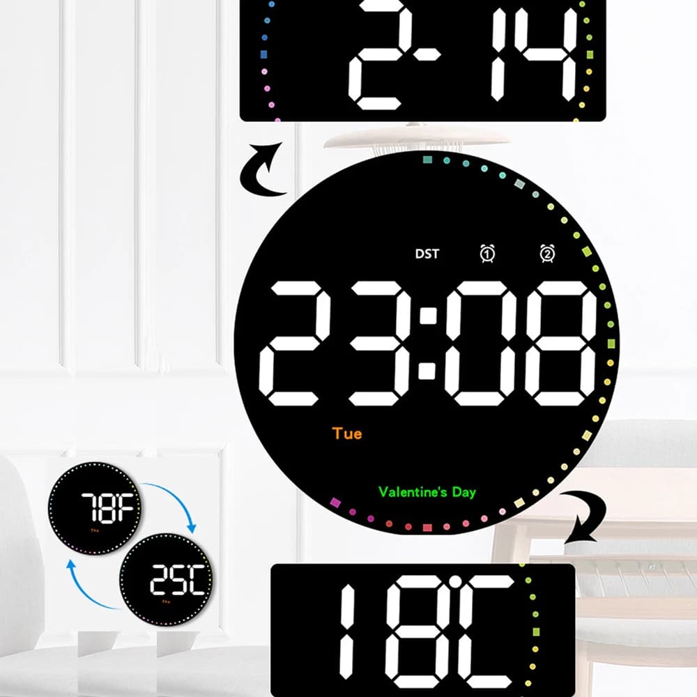 Relógio calendário de parede led colorido com controle remoto de 10 polegadas para decoração de casa com display de temperatura e alarmes duplos
