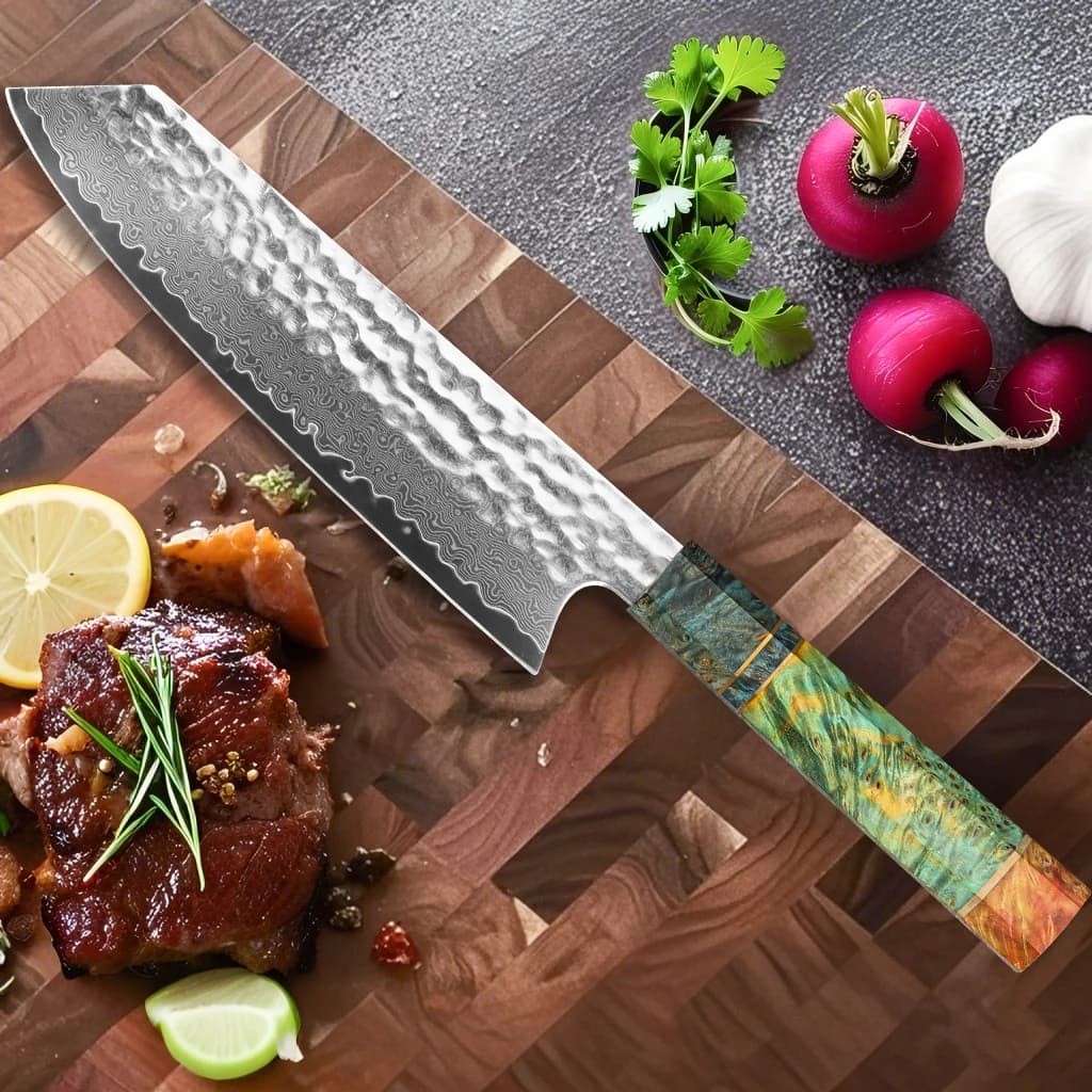 Faca japonesa Kiritsuke 8 polegadas com lâmina de aço damasco 67 camadas e cabo colorido em madeira estabilizada