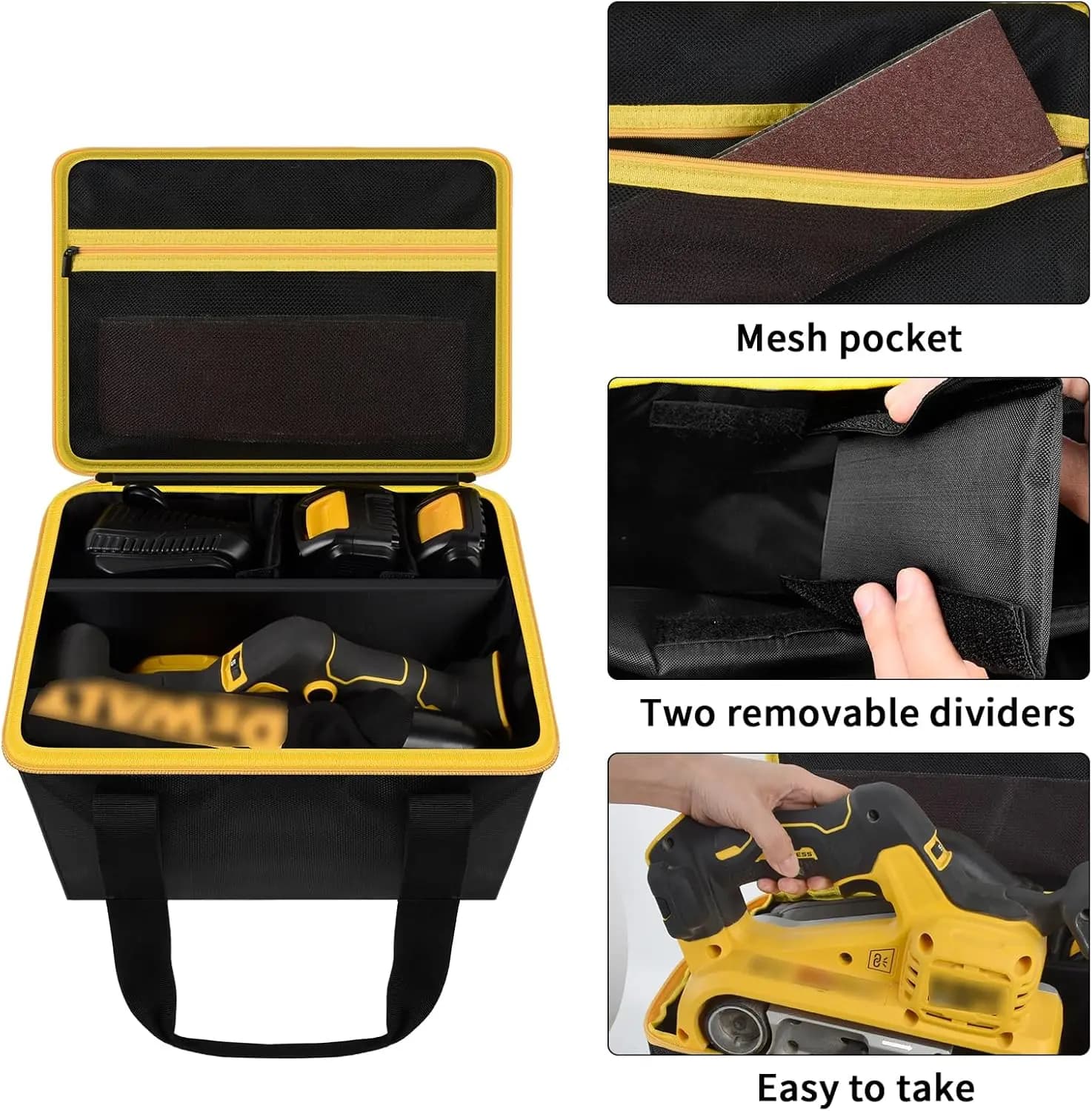 Bolsa para ferramentas DEWALT DCW220B com divisórias removíveis e bolso de malha para organização