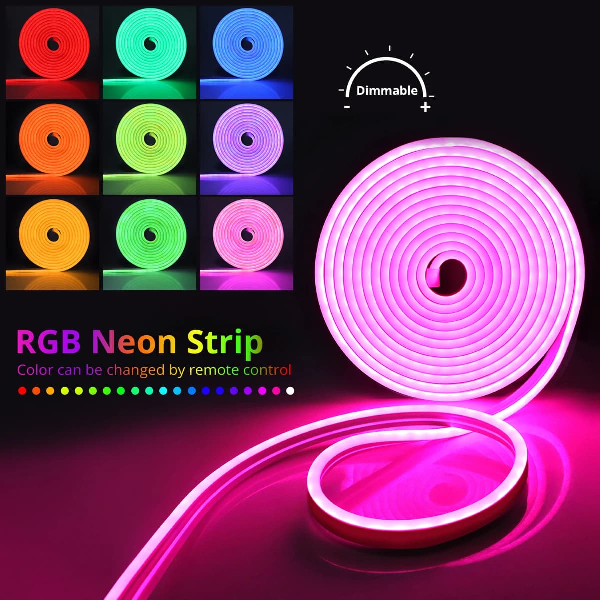 Tira de LED Neon RGB com cores variadas e controle remoto, luz neon flexível e regulável em intensidade
