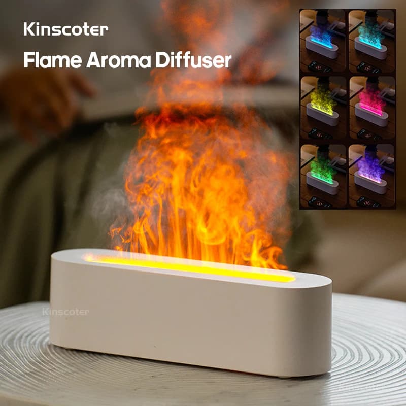 KINSCOTER Difusor de aroma de óleo essencial Chama Umidificador de ar Ultrassônico Difusor de névoa fria com luz noturna de fogo realista RGB