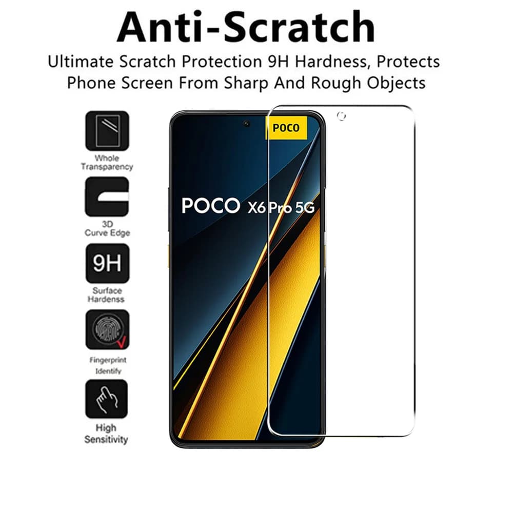 Protetor de tela anti-risco 9H para Poco X6 Pro 5G com alta sensibilidade e borda curva 3D