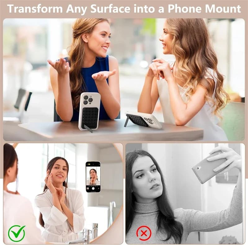 Demonstração de uso da capa traseira com suporte de sucção para iPhone 15 transformando superfícies em suporte para celular