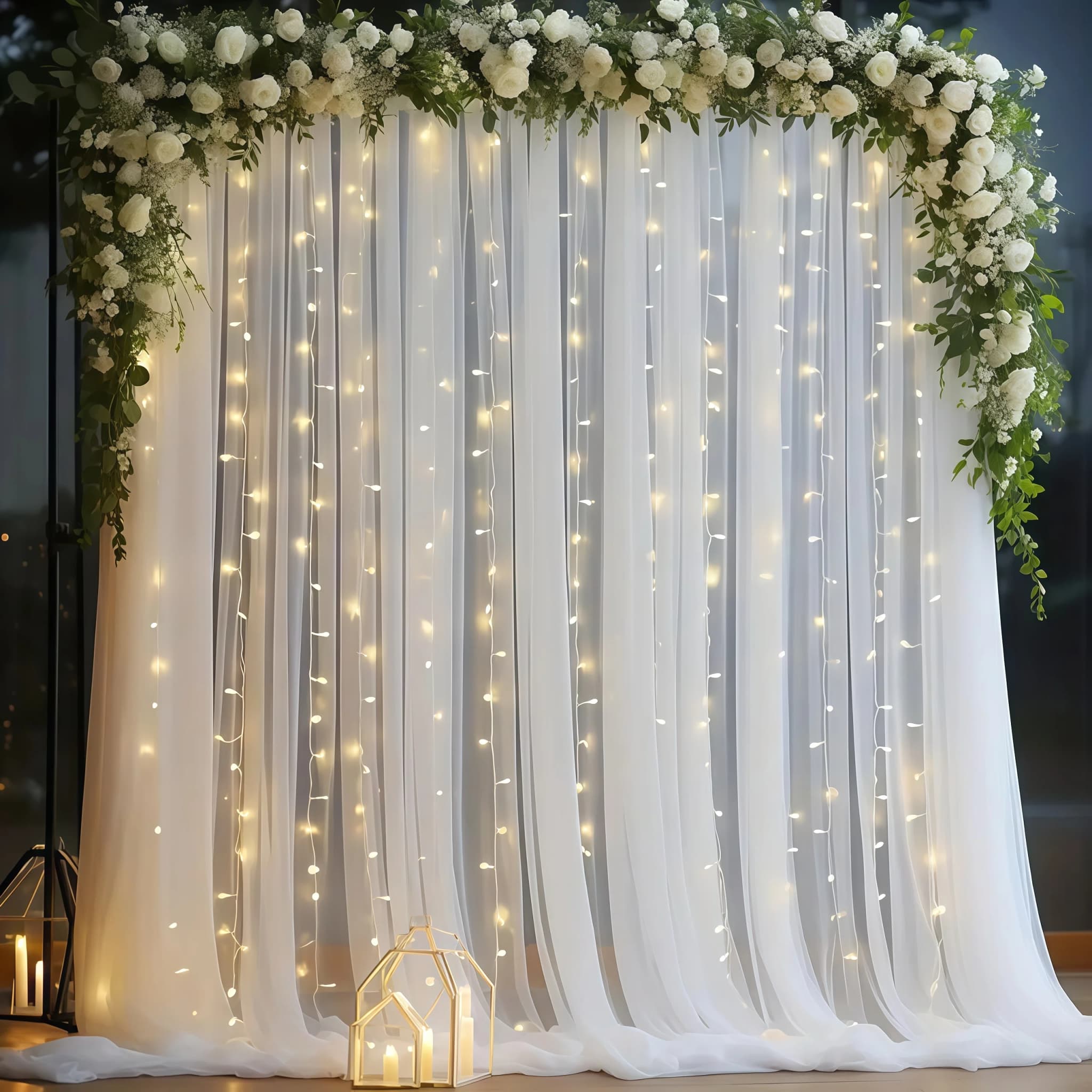 Cortina de tule branco com luzes LED para decoração de eventos