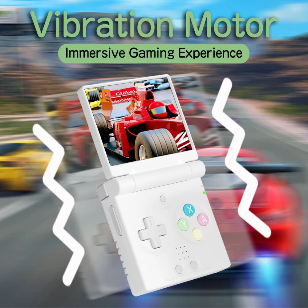 Console portátil de jogos branco com motor de vibração e tela 2,8 polegadas exibindo corrida de carros