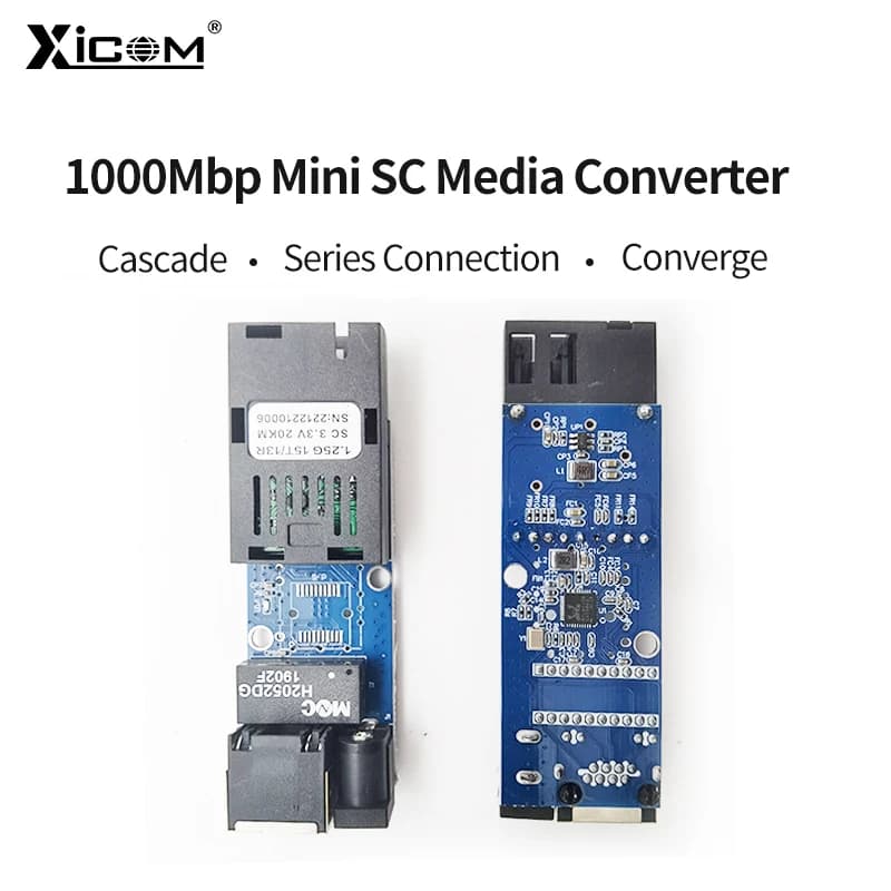Conversor óptico Mini SC Gigabit monomodo com placas azul e preta vista inferior e superior