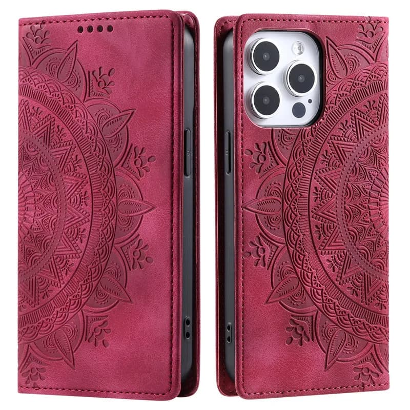Capa flip de couro para Motorola MOTO G86 com design geométrico floral em azul, cinza, rosa e marrom