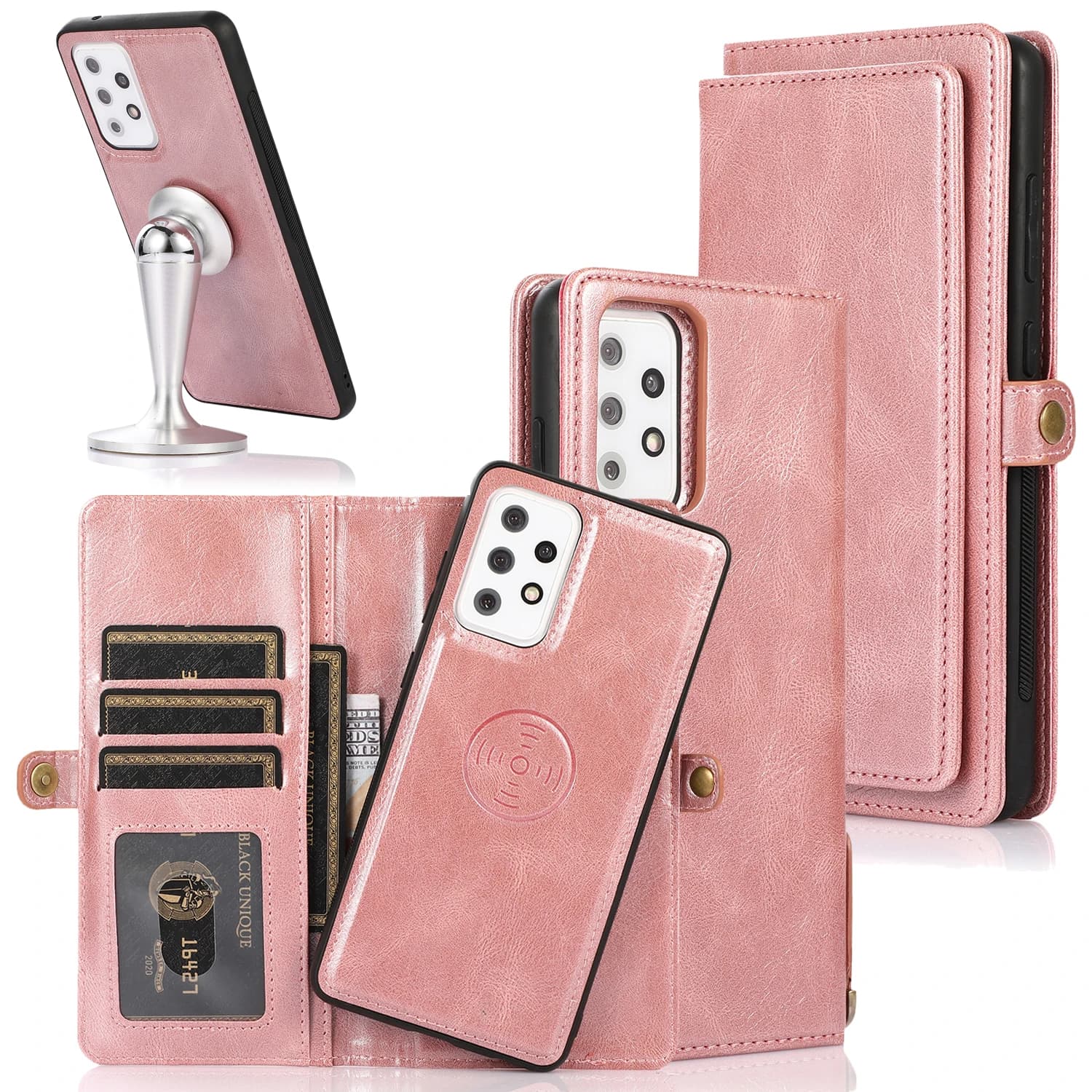 Capa de couro rosa com múltiplos slots para cartões e suporte de carro removível para Samsung