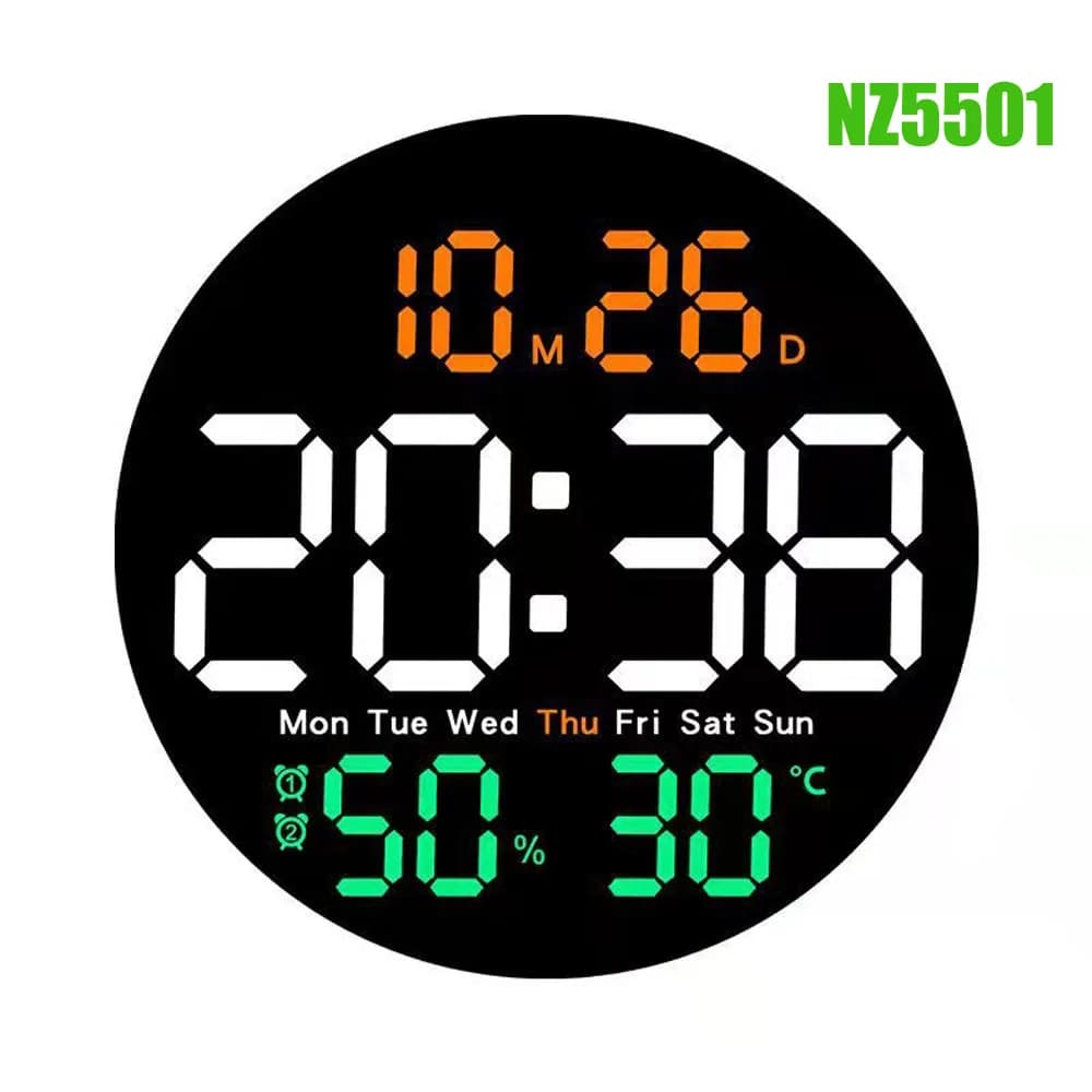 Relógio calendário de parede led colorido com controle remoto de 10 polegadas para decoração de casa com display de temperatura e alarmes duplos