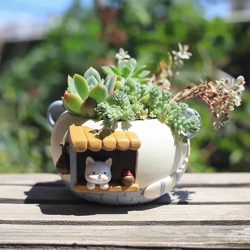 Plantador criativo em forma de casa para gatos com suculentas e uma estátua de gato, em resina, para decoração de mesa.