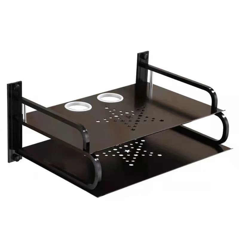 Prateleira Jácotei preta de alumínio para roteadores e TV box com design ventilado e suporte lateral